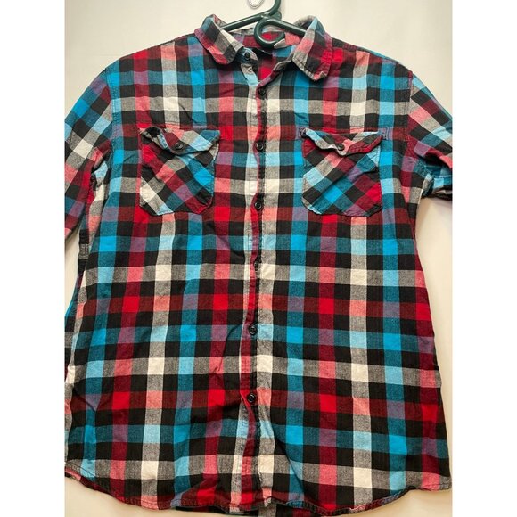 BDG shirt mens medium button long sleeve plaid checkered red blue - Picture 6 of 10